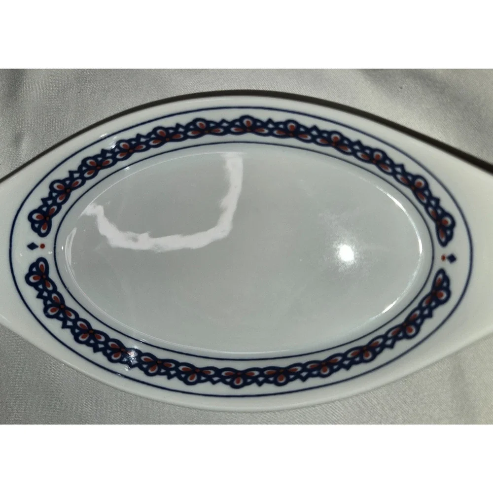 Vintage Manor House Porcelain Oval Handled Serving Dishes Blue Red Set of 2